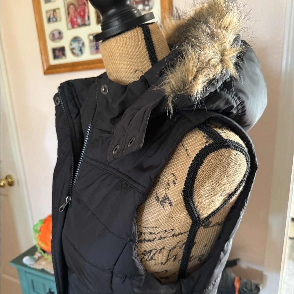 American Rag Cie Vest Black Puffer Zip Front Pockets W Hood Womens Size Medium
